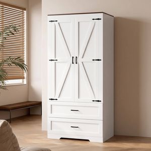 Advwin X-Barn Doors Wardrobe Cabinet with 2 Drawers & Hanging Rail White