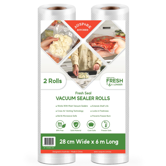 AUSPURE Vacuum Sealer Bags, 28cm x 6m, 2 Rolls for Food Storage