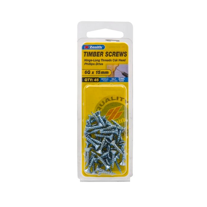 Zenith 6G x 15mm Zinc Plated Timber Screw - 45 Pack