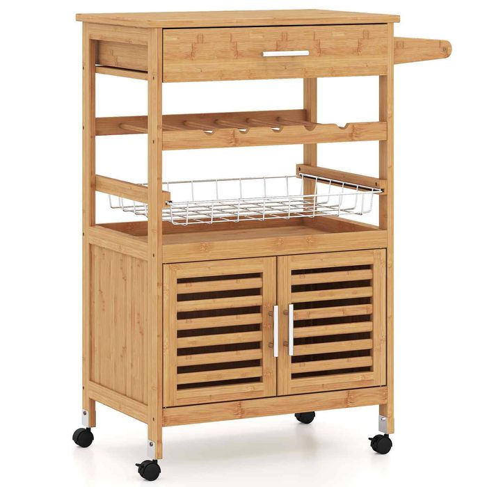 Costway Rolling Kitchen Stand Side Table Microwave Stand Cart-Natural