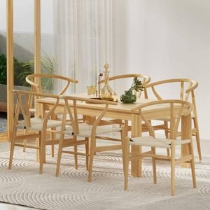 HOMFURN Set of 6 Wishbone Dining Chairs – Natural Rubber Wood, Rattan Woven Seat, Kitchen Cafe Chair