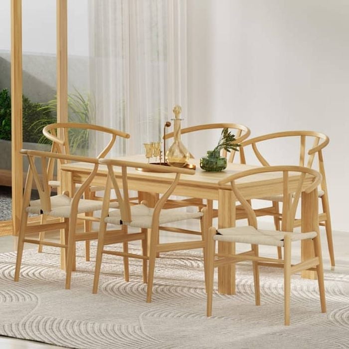 HOMFURN Set of 6 Wishbone Dining Chairs – Natural Rubber Wood, Rattan Woven Seat, Kitchen Cafe Chair