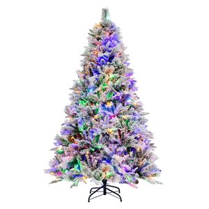 Costway 1.8M Pre-Lit Artificial Christmas Tree Snow-Flocked Hinged Xmas Tree 8 Lighting Modes