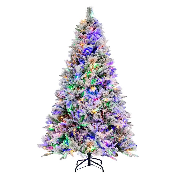 Costway 1.8M Pre-Lit Artificial Christmas Tree Snow-Flocked Hinged Xmas Tree 8 Lighting Modes