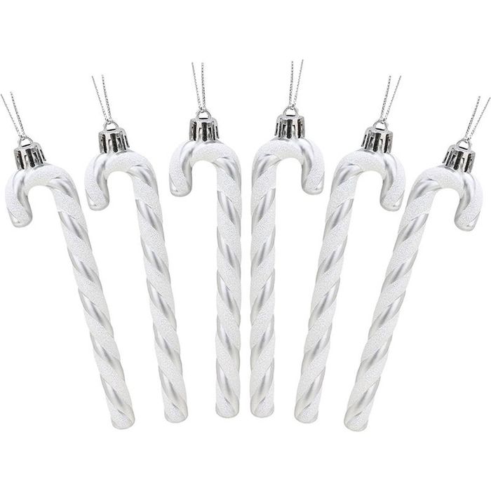 Catzon 6 Pcs Glitter Candy Cane Christmas Ornaments with Golden Ropes-Silver