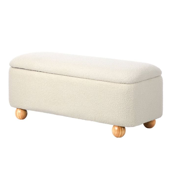 Oikiture Storage Ottoman Bench Ball Feet Teddy Boucle Beige