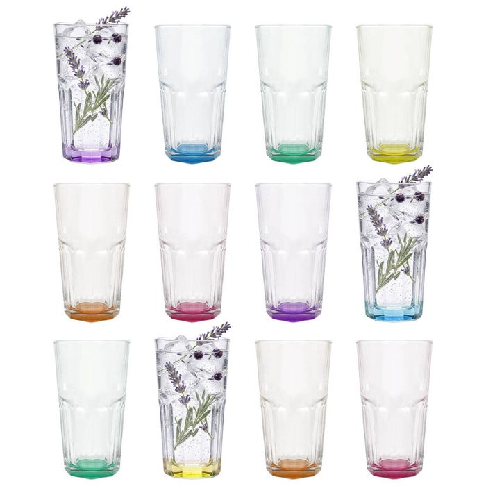 Argon Tableware Panelled Highball Glasses with Coloured Base - 400ml - Pack of 12