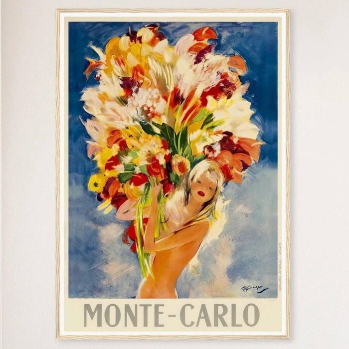 Galrie Monte Carlo Vintage Travel Poster with Bouquet of Flowers Art for Home Décor, Wood Frame, 50 x 70cm (20 x 28inch)