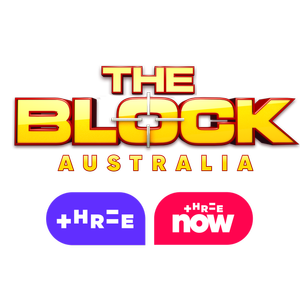 The Block Australia yellow logo with a purple plus hre logo and a red plus her now logo underneath it.
