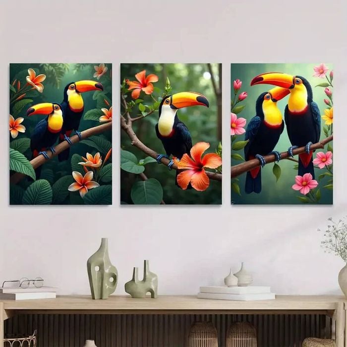 3pcs Vibrant Tropical Toucan and Flower Print 100% Australian Made 3 x 40x60cm (Metal Print)