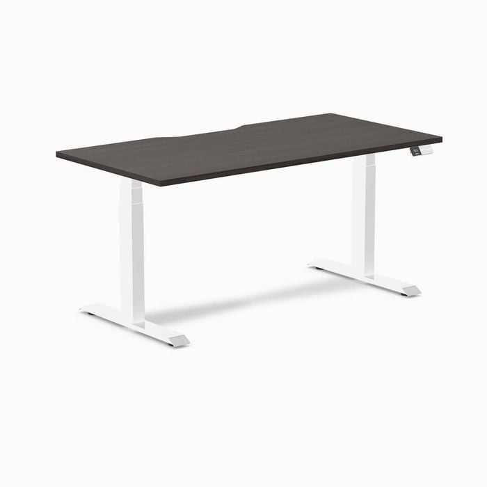 Desky Dual Burnished Wood Scalloped Melamine Sit Stand Desk 1500x750mm White Frame Leg