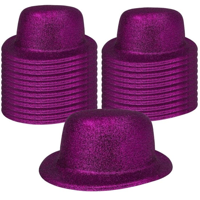 24x GLITTER BOWLER HAT Fancy Party Plastic Costume Cap Fun Dress Up Sparkle BULK Purple