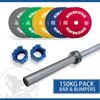 150KG Premium Color Olympic Bumper Plates Set + 20KG Olympic Barbell 1500LB