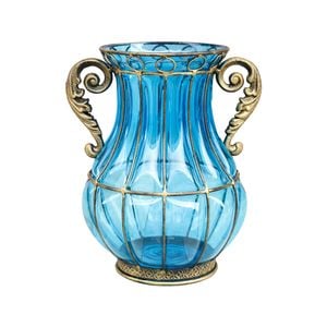Soga Blue Colored European Glass Flower Vase With Two Metal Handles