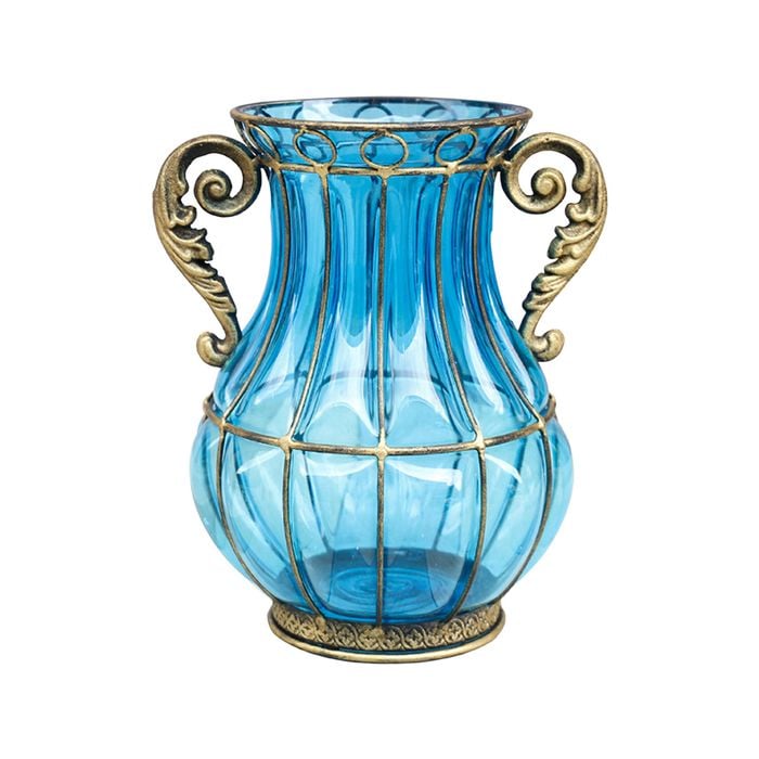 Soga Blue Colored European Glass Flower Vase With Two Metal Handles