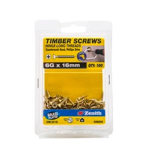 Zenith 6G x 16mm Brass Plated Hinge-Long Thread Countersunk Head Timber Screws - 100 Pack
