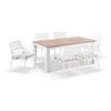 Balmoral 1.8m Teak Top Aluminium Table White With 6 Kansas Dining Chairs & Sunbrella Beige Cushions