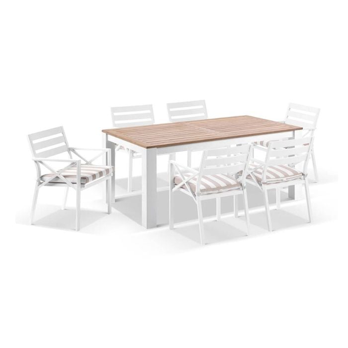 Balmoral 1.8m Teak Top Aluminium Table White With 6 Kansas Dining Chairs & Sunbrella Beige Cushions