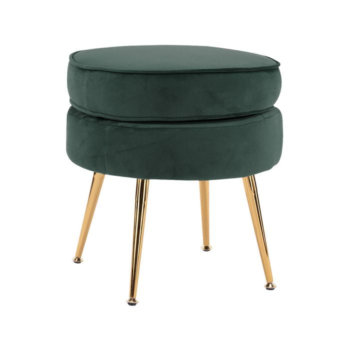 La Bella Green Round Ottoman Foot Stool Velvet Fabric Metal Leg