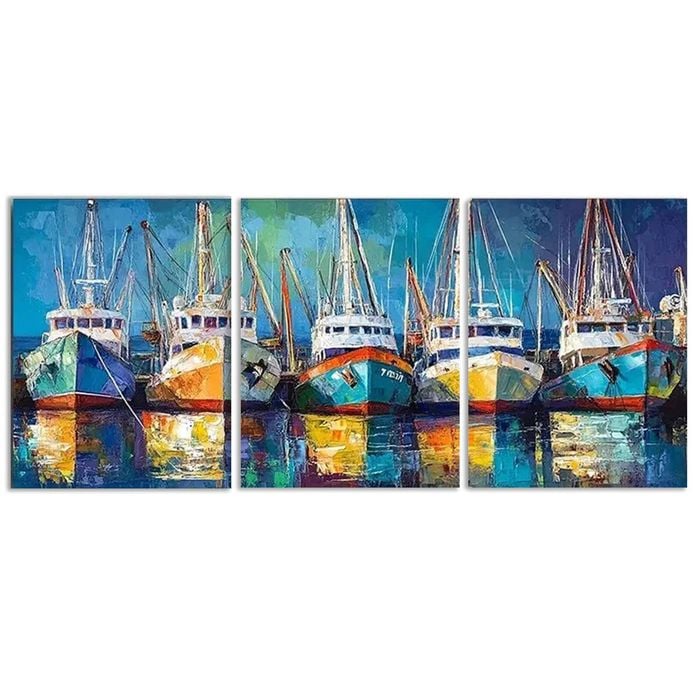 3pcs Fishing boats docked in port Print 100% Australian Made 3 x 40x60cm (Metal Print)