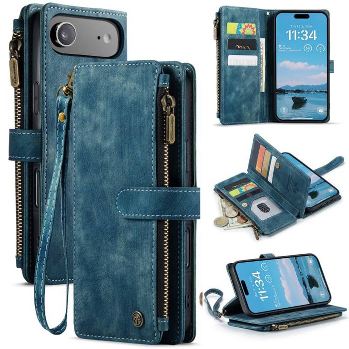 CaseMe C30 For Apple iPhone 17 Air Vintage Leather Folio Zipper Wallet Case with and 7 Card Slots (Sky Blue)