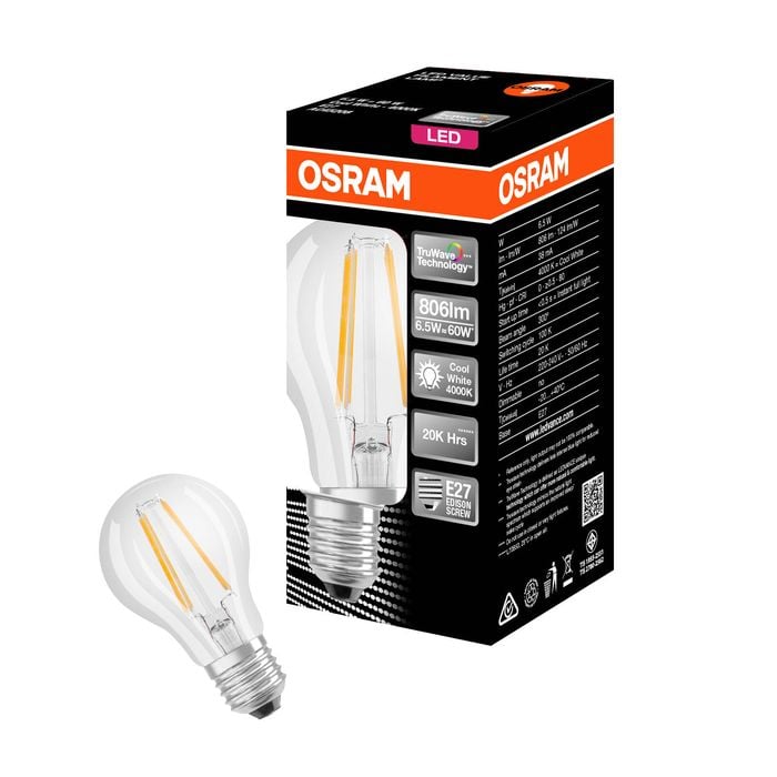 Osram A Shape Filament ES LED 806lm Cool White 6.5W Light Globe - 1 Pack