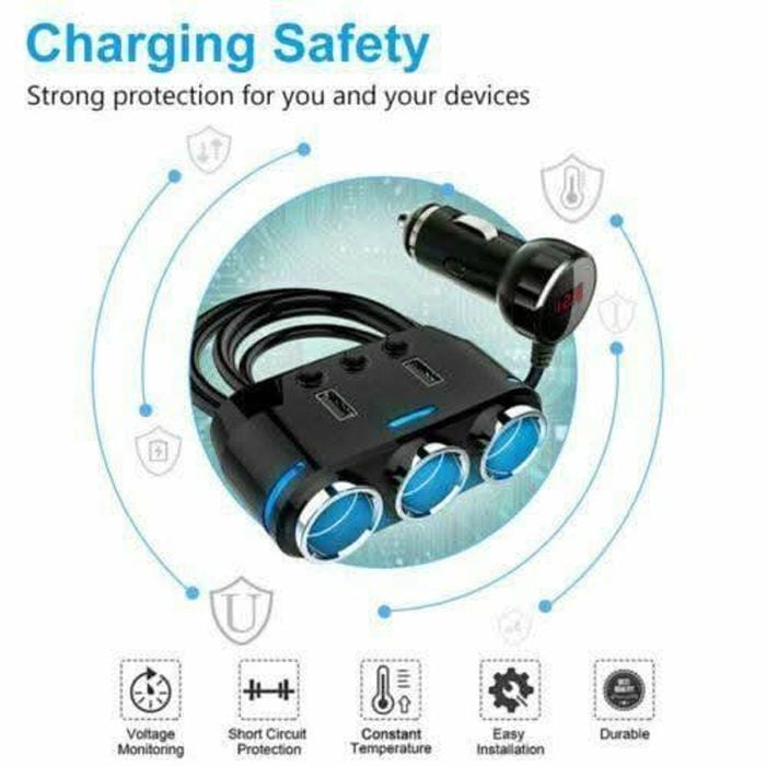 Car Charger Cigarette Lighter 3 Port Power Adapter Socket + Dual Usb