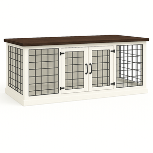 Paws and Willow Open Plan Arctic White with Espresso Top Wooden Dog Crate Hinged Door with Mesh
