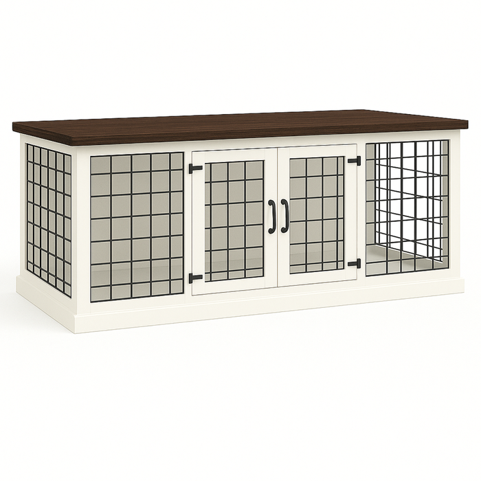 Paws and Willow Open Plan Arctic White with Espresso Top Wooden Dog Crate Hinged Door with Mesh