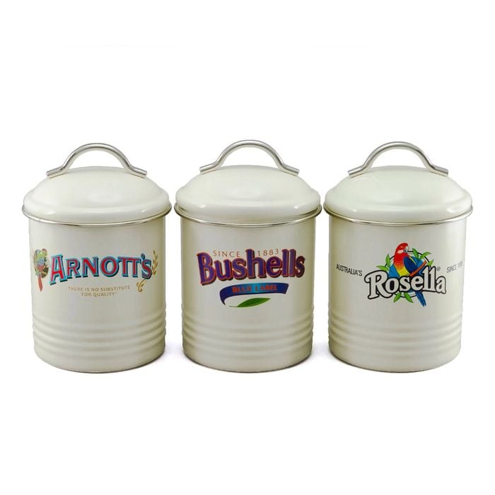Rojo Rojo Arnotts, Bushells & Rosella Canisters Set Of 3 Powder Coated With Sealed Rim Cream