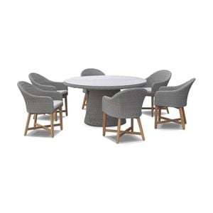 Plantation 6 Seat Dining Table Coastal Chairs Brushed Grey & Denim Grey Cushions