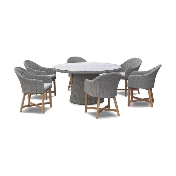 Plantation 6 Seat Dining Table Coastal Chairs Brushed Grey & Denim Grey Cushions