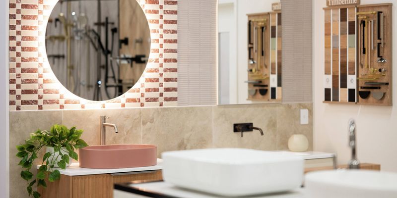 Bathroom showroom display with illuminated mirror, pink basin and tile samples.