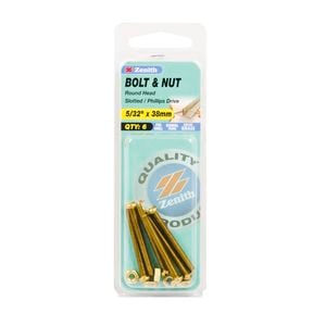 Zenith 5/32" x 38mm Solid Brass Round Head Bolt And Nut - 6 Pack