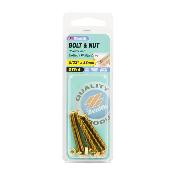 Zenith 5/32" x 38mm Solid Brass Round Head Bolt And Nut - 6 Pack