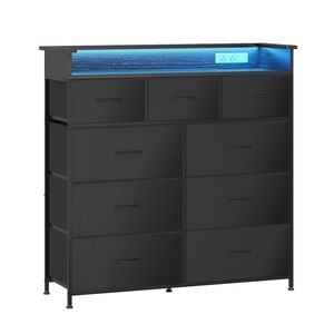 Advwin 9 Drawers Dresser with Open Shelf Storage Charging Station & LED Lights Black