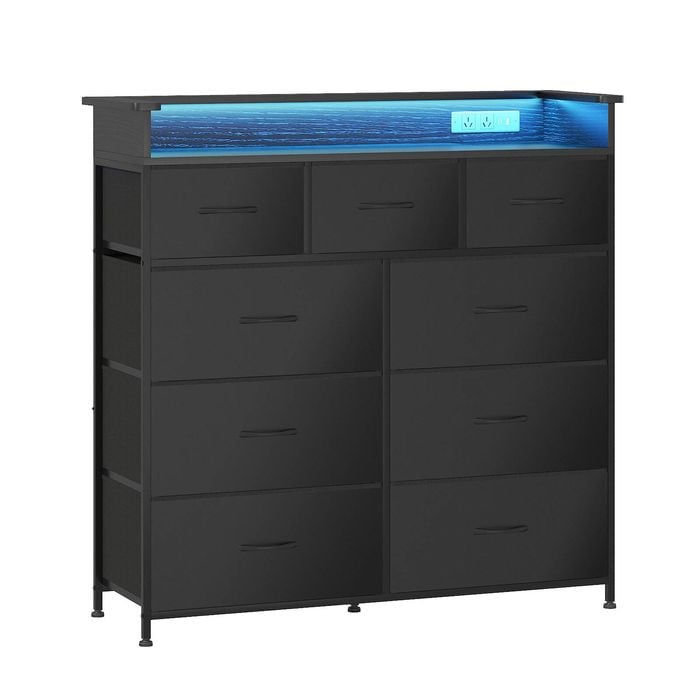 Advwin 9 Drawers Dresser with Open Shelf Storage Charging Station & LED Lights Black
