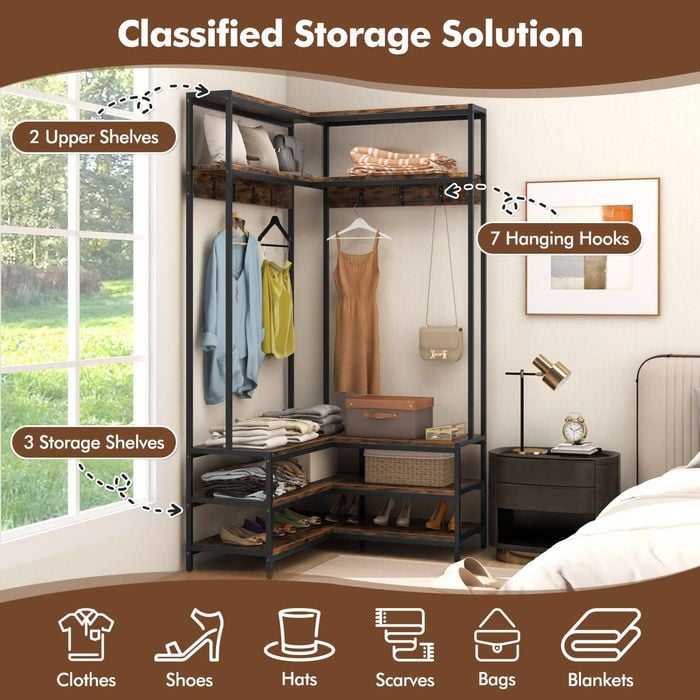 Costway L-shaped Coat Rack Corner Garment 5-Tier Display Shelf