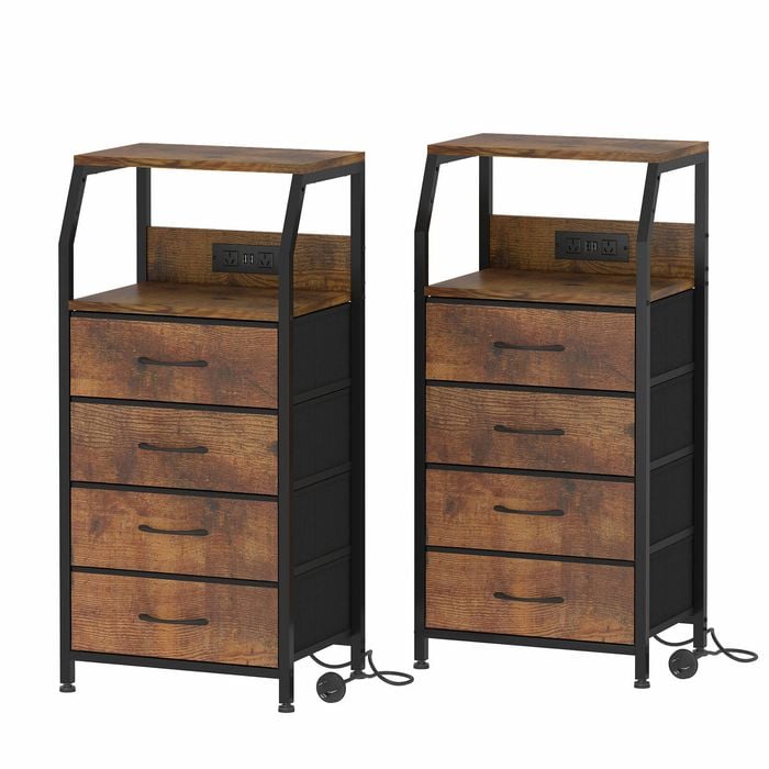 Ufurniture Set Of 2 Nightstand 4 Fabric Drawers Bedside Table With Charging Station For Bedroom Living Room Rustic Brown