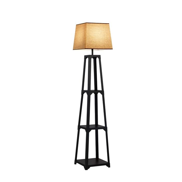 Oikiture Tripod Floor Lamps Fabric Shade Reading Lighting with Display Shelf