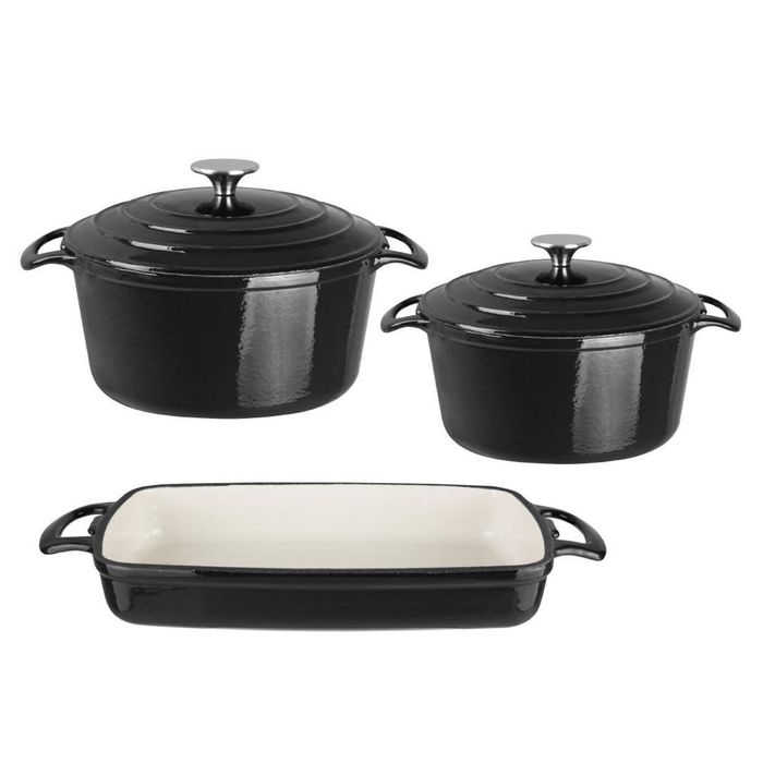 Vogue Cast Iron Casserole Dish Set Cook Like A Pro 3 Piece 3.2l 4l And 2.8l Black Non-stick Cookware