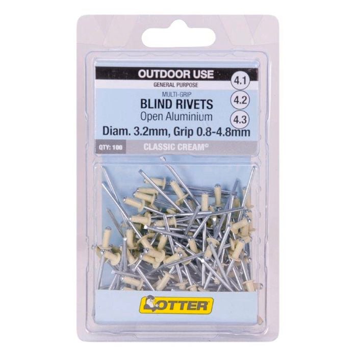 Otter Classic Cream® 3.2 x 0.8-4.8mm Multi-Grip Open Aluminium Rivets - 100 Pack