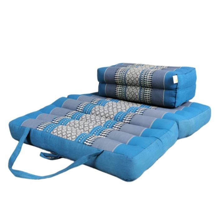 Foldable Meditation Cushion + Kapok Yoga Block Set | Handmade Thai Floor Mat with Handle - Blue