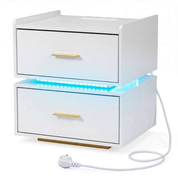 Costway Nightstand Charging Led Table Drawer Modern Semi-floating White