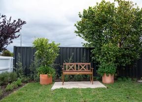 A garden with a wooden bench.