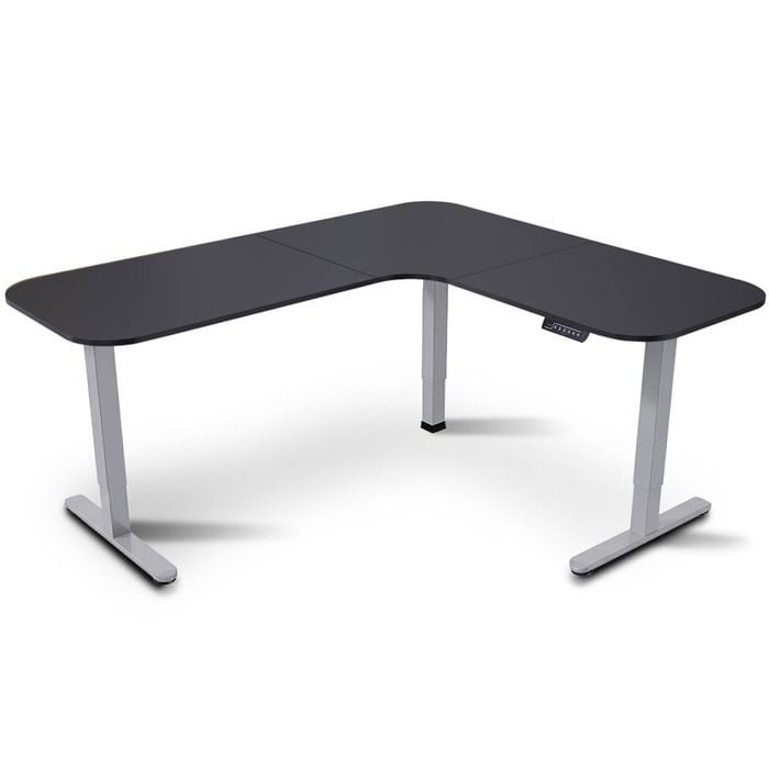 FORTIA Corner Standing Desk, 160x140cm, 72-118cm Sit, Electric Height Adjustable, Black Desktop/Silver Frame
