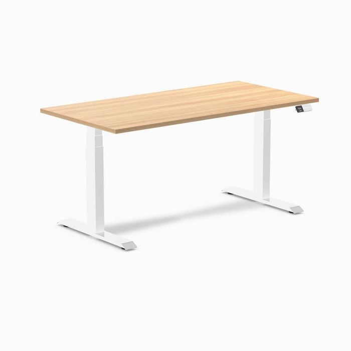 Desky Dual Sit to Stand Sublime Teak Melamine Desk 150x75cm White Height Adjustable Legs