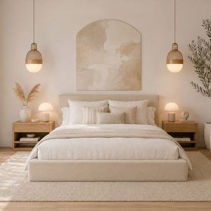 Oikiture Queen Semi Compressed Bed Frame Internal Metal Base Chenille Beige