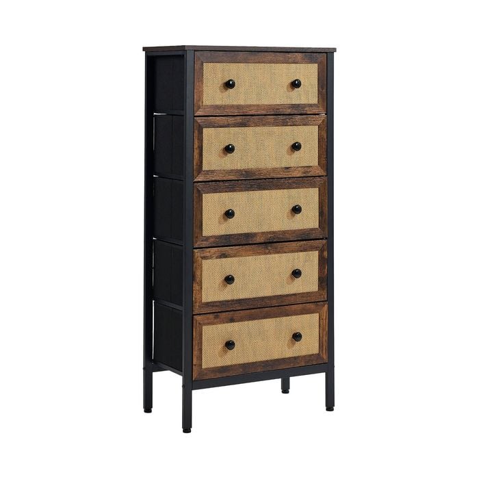 Oikiture Fabric 5 Chest of Drawers Storage Cabinet Rattan Dresser Tallboy