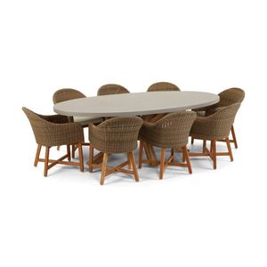 Tamarama Outdoor Concrete Look Dining Setting Brushed Wheat With 8 Coastal Wicker Chairs & Cream Cushions